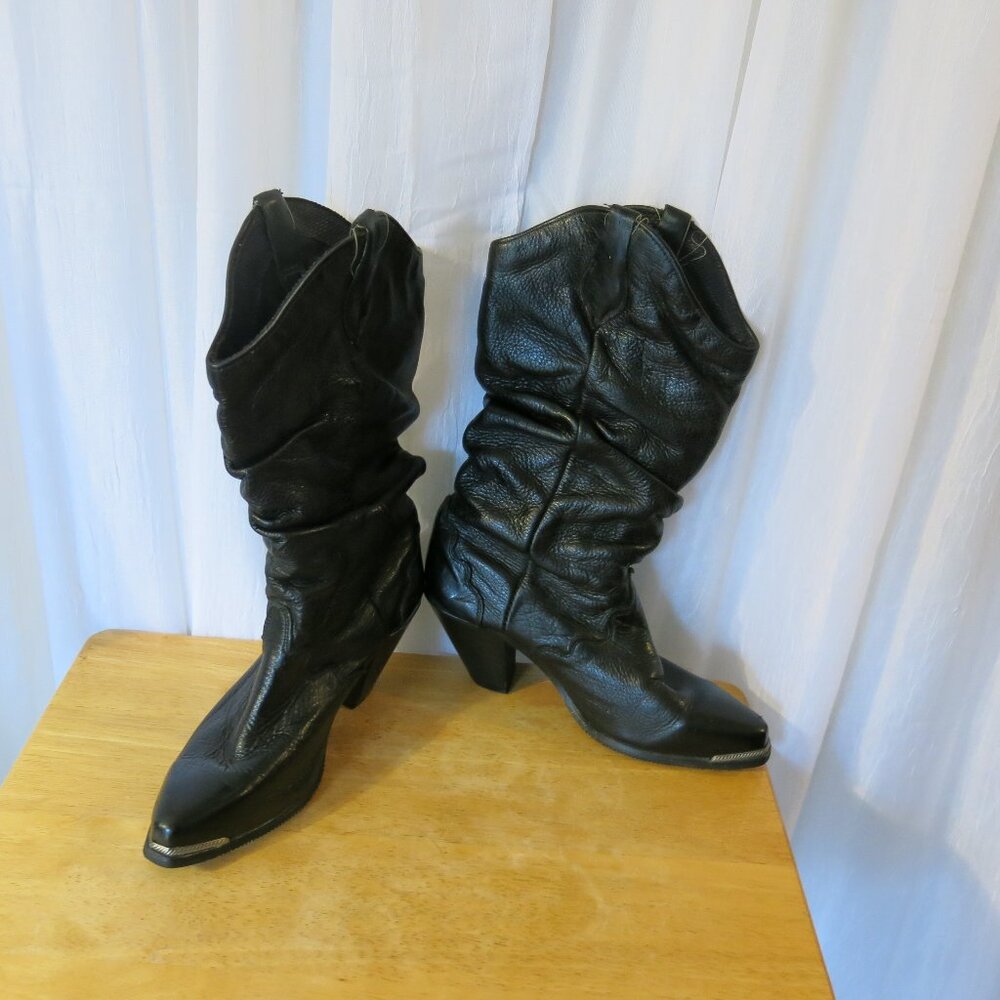 Vintage Western Boots sz 8 Black Leather Slouchy Cowgirl Boho